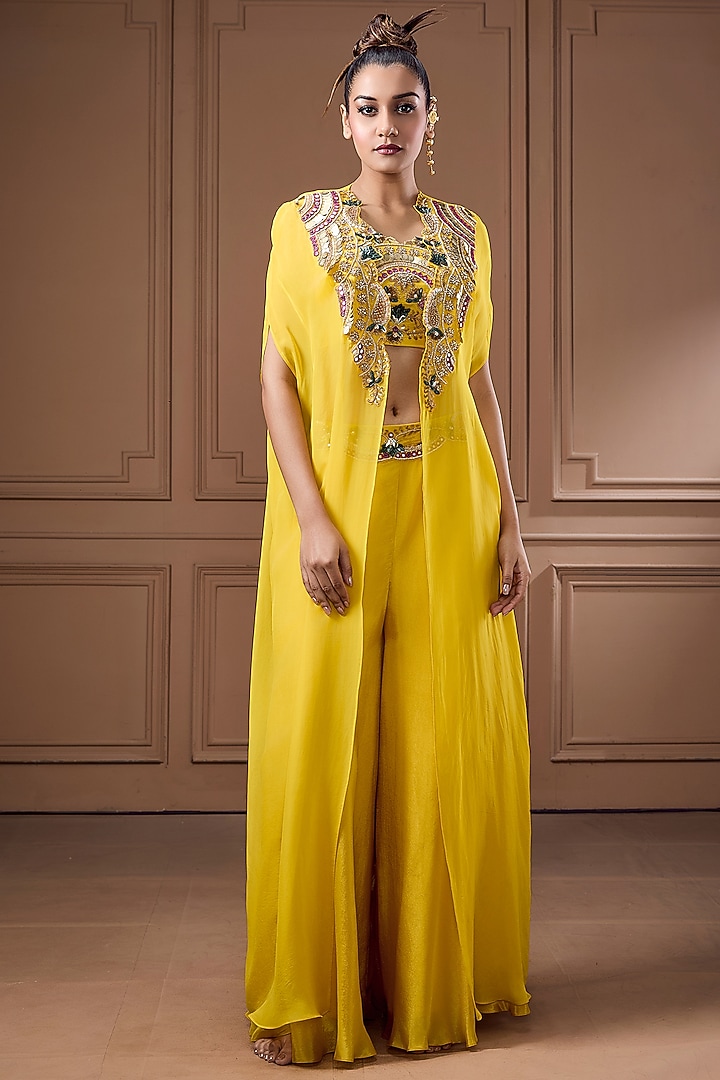 Yellow Tissue Embellished Cape Set by Label Kaleido at Pernia's Pop Up Shop