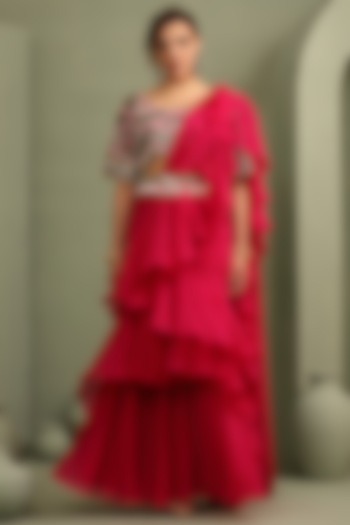 Rani Pink Organza & Slub Silk Ruffled Pre-Draped Wedding Saree Set by Label Kaleido at Pernia's Pop Up Shop