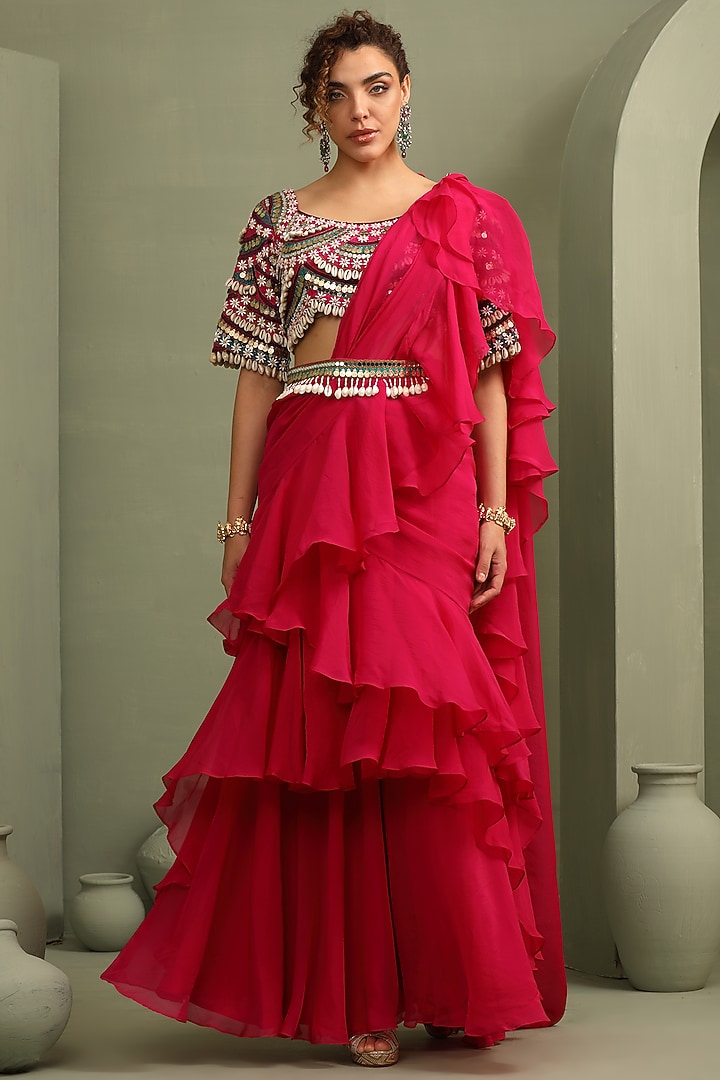 Rani Pink Organza & Slub Silk Ruffled Pre-Draped Wedding Saree Set by Label Kaleido at Pernia's Pop Up Shop