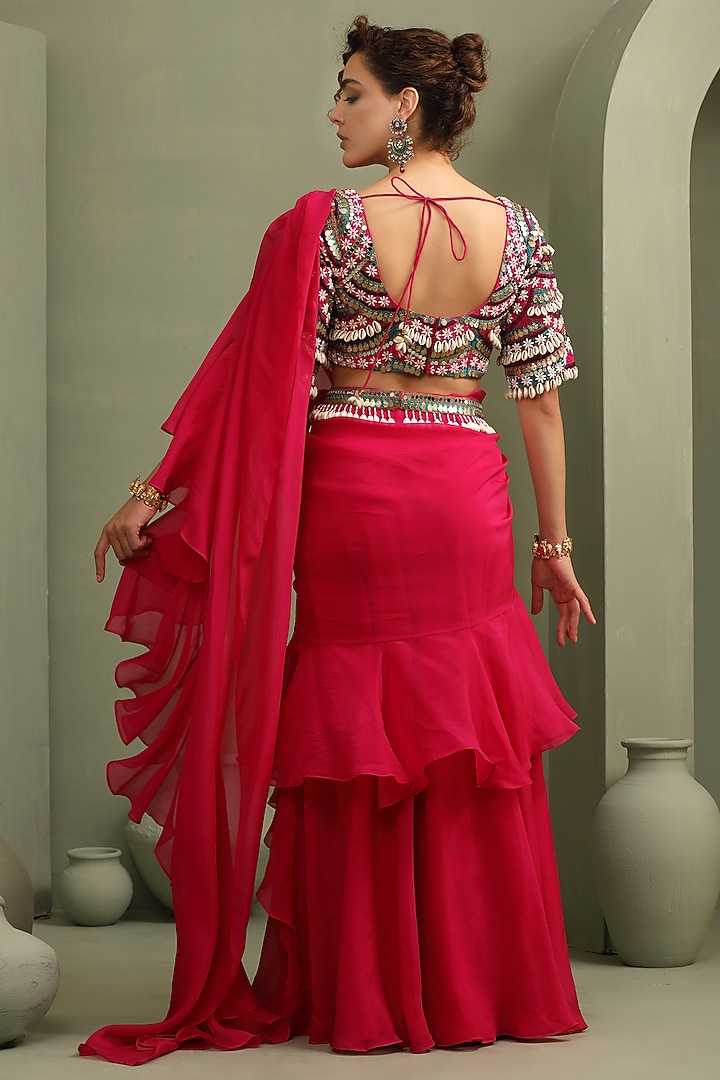 Rani Pink Organza & Slub Silk Ruffled Pre-Draped Wedding Saree Set by Label Kaleido at Pernia's Pop Up Shop