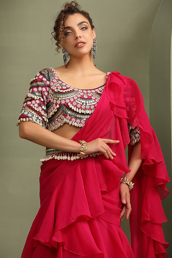 Rani Pink Organza & Slub Silk Ruffled Pre-Draped Wedding Saree Set by Label Kaleido at Pernia's Pop Up Shop