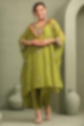 Parrot Green Organza & Slub Silk Embellished Kaftan Set by Label Kaleido at Pernia's Pop Up Shop