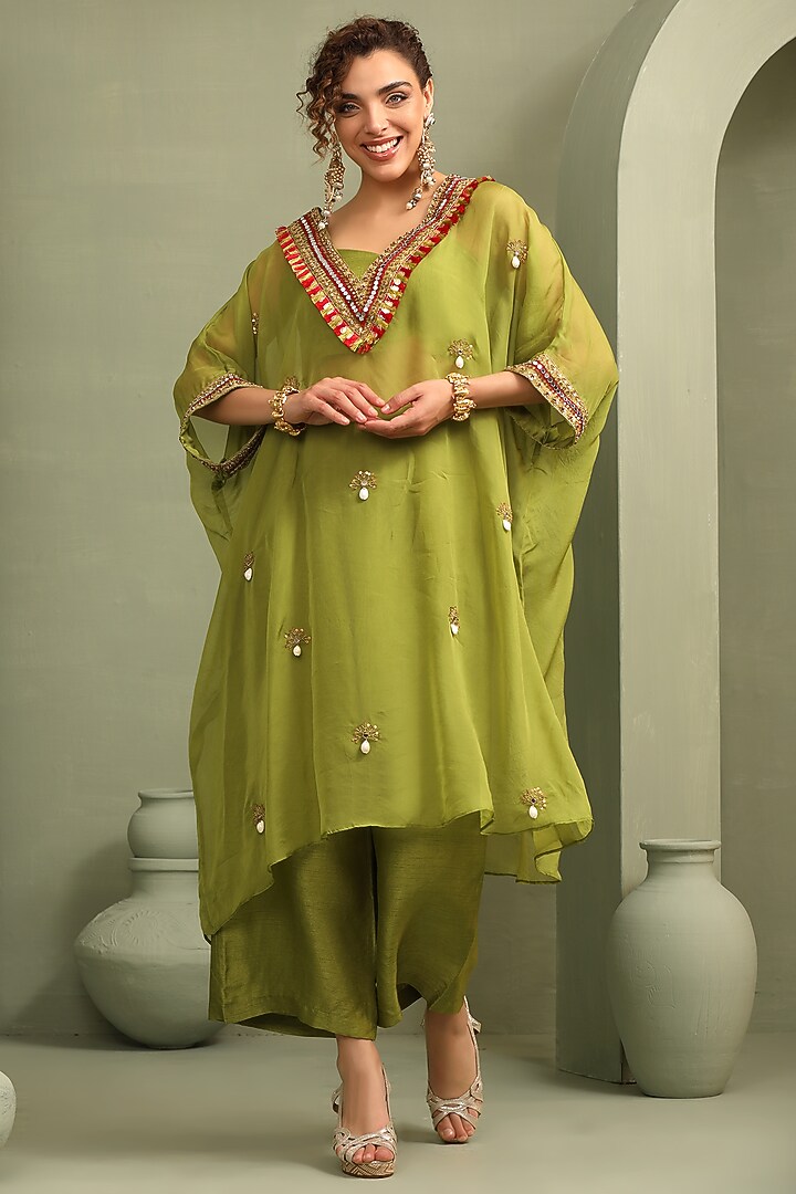 Parrot Green Organza & Slub Silk Embellished Kaftan Set by Label Kaleido at Pernia's Pop Up Shop