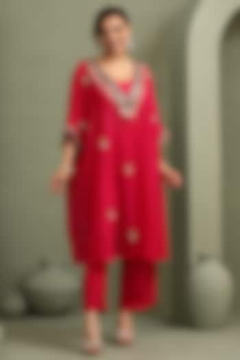 Rani Pink Organza & Slub Silk Embellished Kaftan Set by Label Kaleido at Pernia's Pop Up Shop