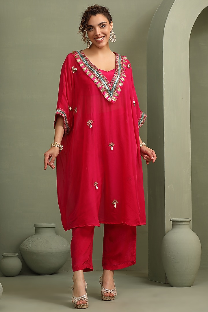 Rani Pink Organza & Slub Silk Embellished Kaftan Set by Label Kaleido at Pernia's Pop Up Shop