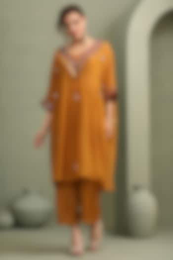 Mustard Organza & Slub Silk Embellished Kaftan Set by Label Kaleido at Pernia's Pop Up Shop