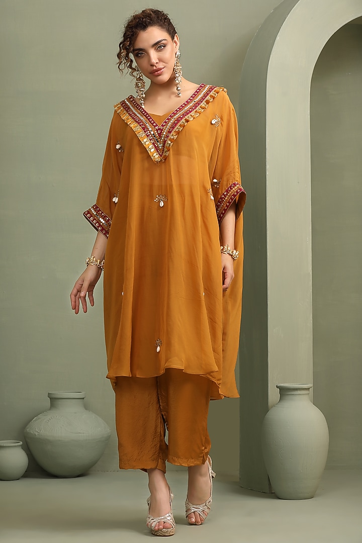 Mustard Organza & Slub Silk Embellished Kaftan Set by Label Kaleido at Pernia's Pop Up Shop