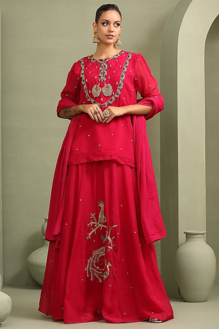 Rani Pinkk Viscose Organza Embroidered Wedding Lehenga Set by Label Kaleido at Pernia's Pop Up Shop