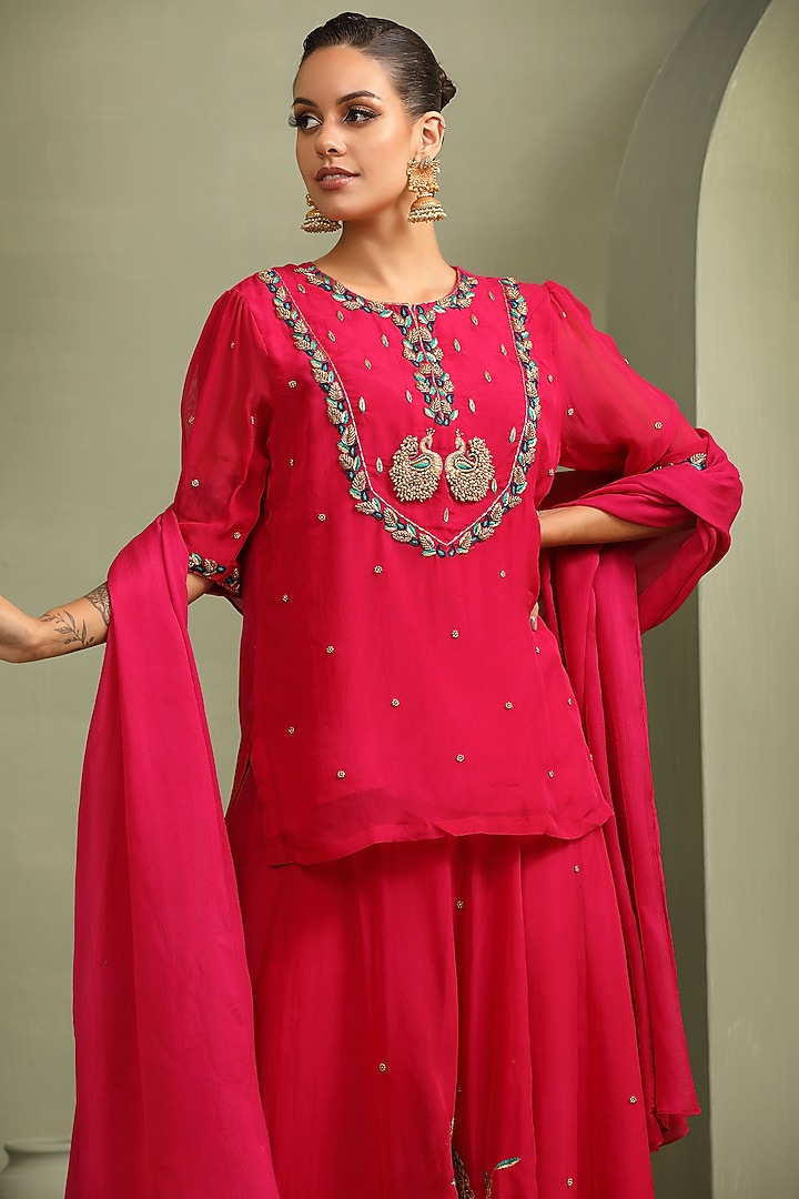 Rani Pinkk Viscose Organza Embroidered Wedding Lehenga Set by Label Kaleido at Pernia's Pop Up Shop