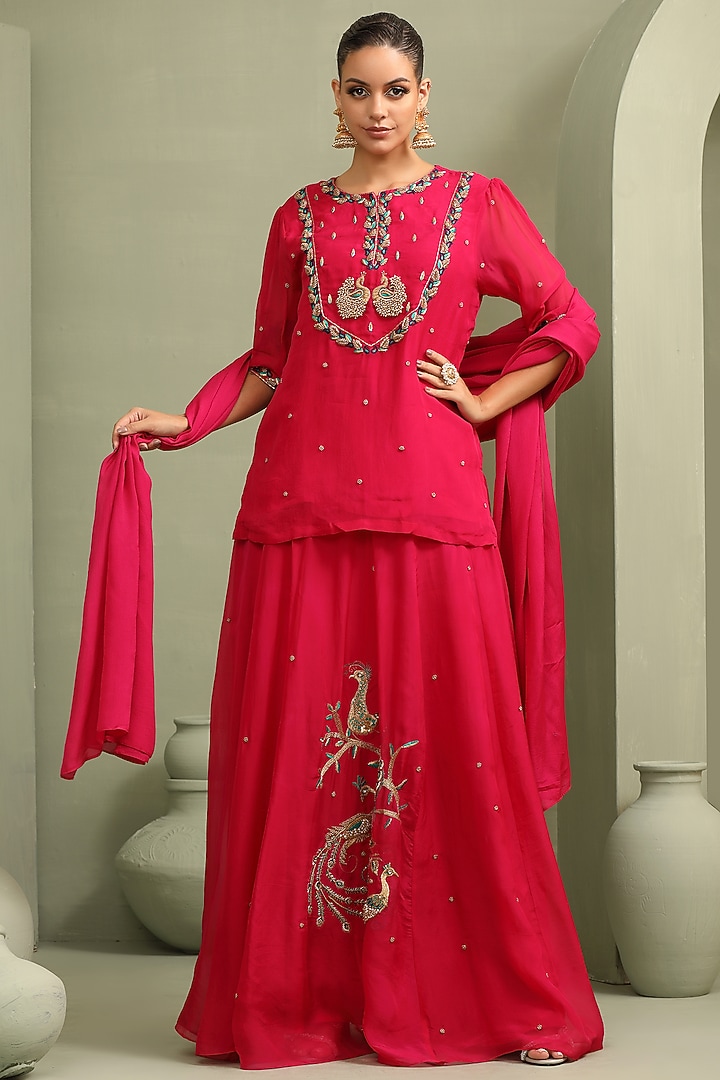 Rani Pinkk Viscose Organza Embroidered Wedding Lehenga Set by Label Kaleido at Pernia's Pop Up Shop