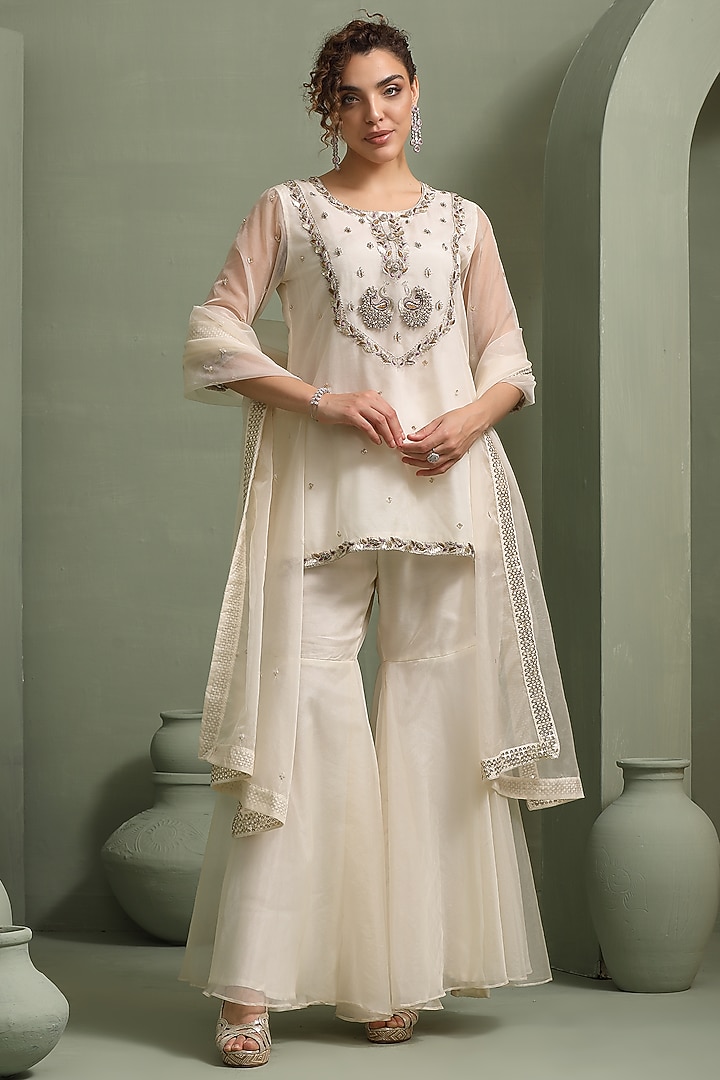 Ivory Organza Party Wear Sharara Set by Label Kaleido at Pernia's Pop Up Shop