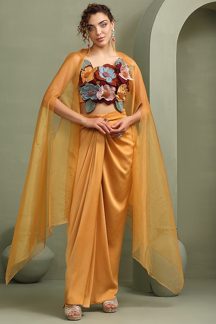 Mustard Yellow Milano Satin & Organza Cape Set by Label Kaleido at Pernia's Pop Up Shop