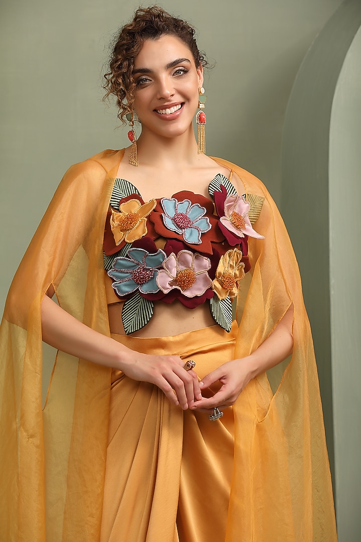 Mustard Yellow Milano Satin & Organza Cape Set by Label Kaleido at Pernia's Pop Up Shop