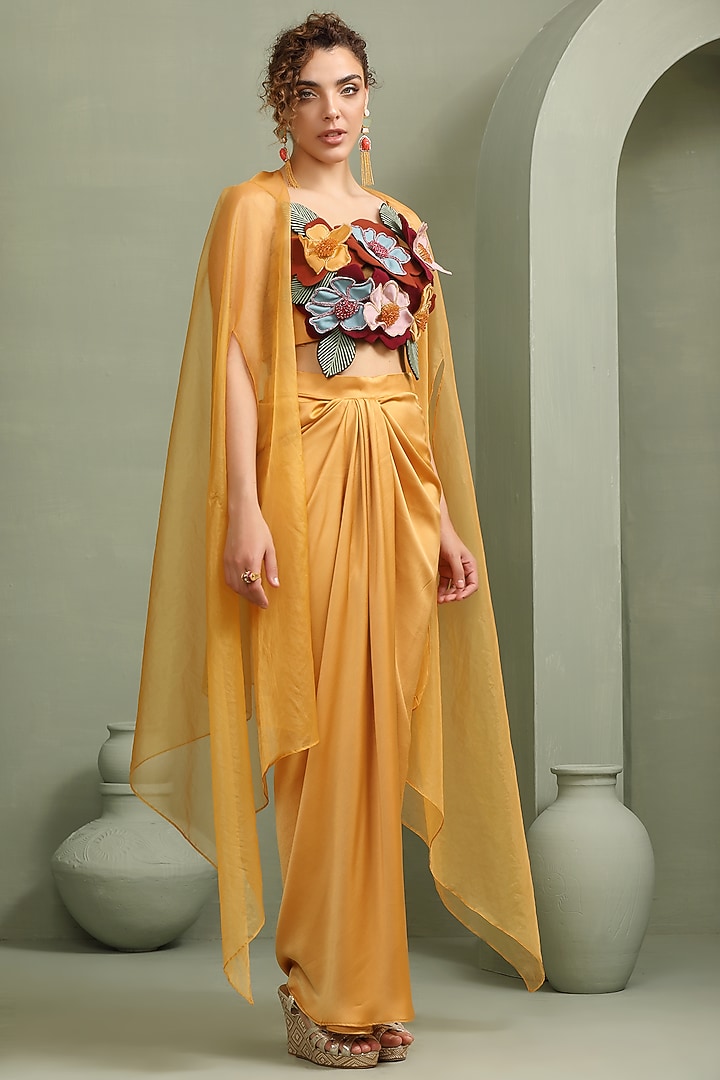 Mustard Yellow Milano Satin & Organza Cape Set by Label Kaleido at Pernia's Pop Up Shop