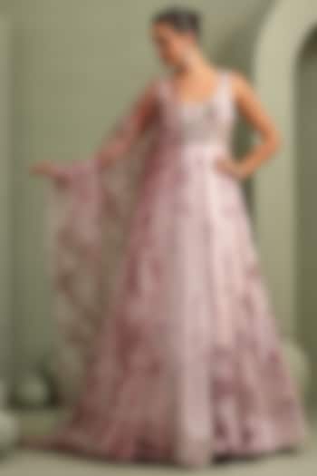 Lavender Upada Silk Embroidered & Tie-Dye Anarkali Engagement Gown With Dupatta by Label Kaleido at Pernia's Pop Up Shop