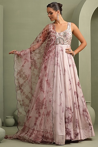 Lavender Upada Silk Embroidered & Tie-Dye Anarkali Gown With Dupatta by Label Kaleido