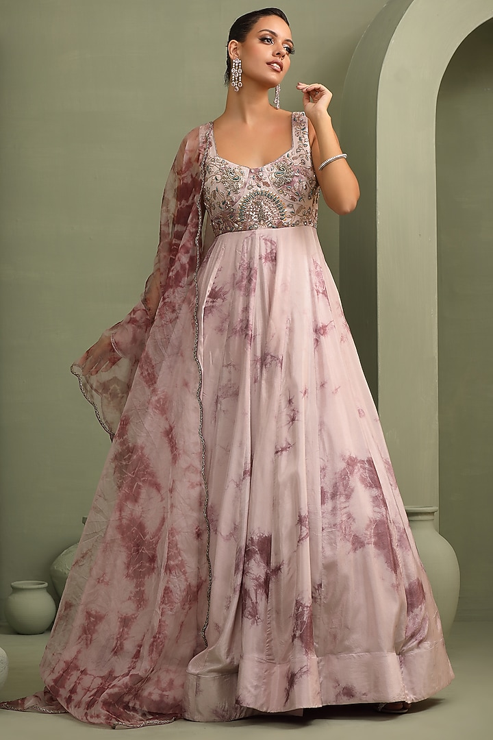 Lavender Upada Silk Embroidered & Tie-Dye Anarkali Engagement Gown With Dupatta by Label Kaleido at Pernia's Pop Up Shop