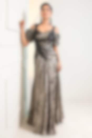 Dark Metallic Grey Foil Milano Sequins Work Draped Engagement Gown by Label Kaleido at Pernia's Pop Up Shop