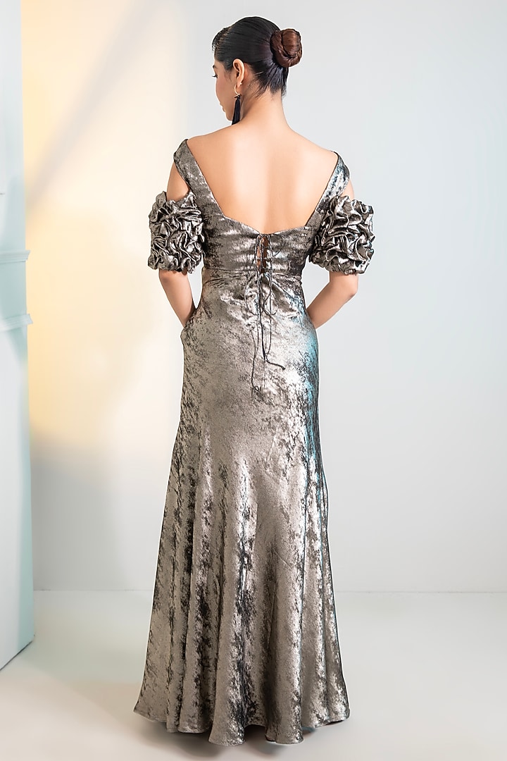 Dark Metallic Grey Foil Milano Sequins Work Draped Engagement Gown by Label Kaleido at Pernia's Pop Up Shop