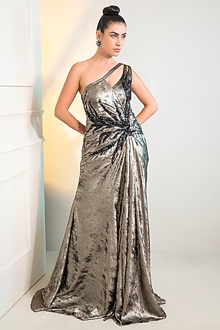 Dark Metallic Grey Foil Milano Sequins Work Gown by Label Kaleido
