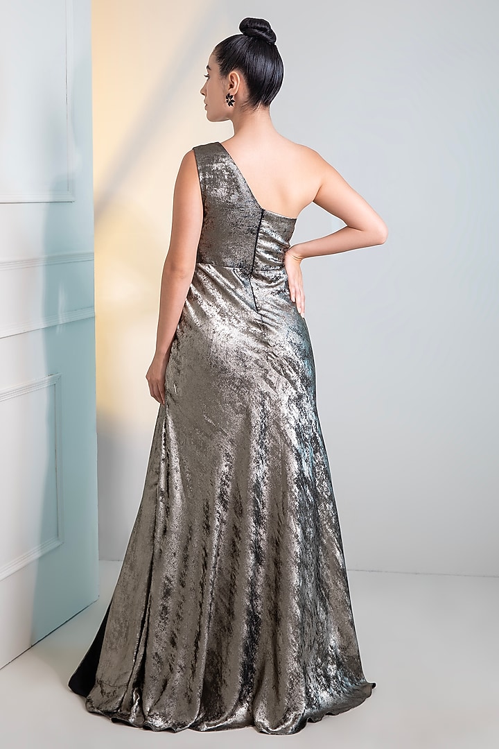 Dark Metallic Grey Foil Milano Sequins Work Engagement Gown by Label Kaleido at Pernia's Pop Up Shop