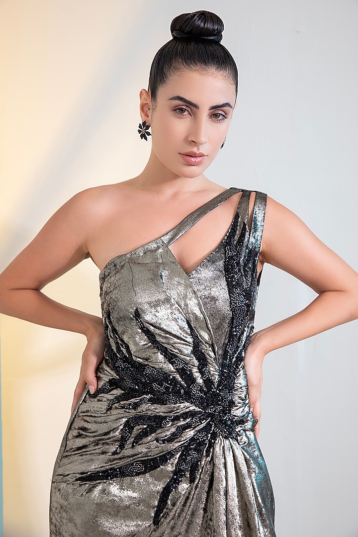 Dark Metallic Grey Foil Milano Sequins Work Engagement Gown by Label Kaleido at Pernia's Pop Up Shop