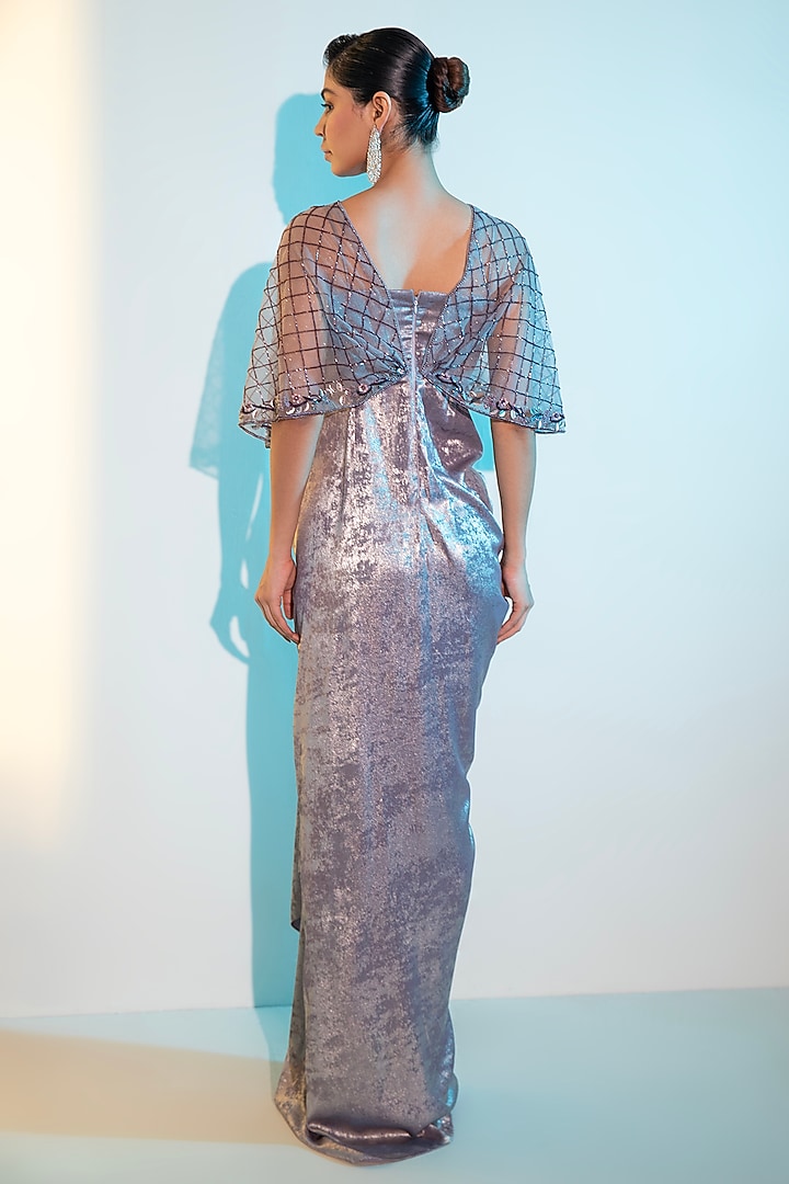 Metallic Purple Foil Milano Sequins Handwork Cape Party Wear Gown by Label Kaleido at Pernia's Pop Up Shop