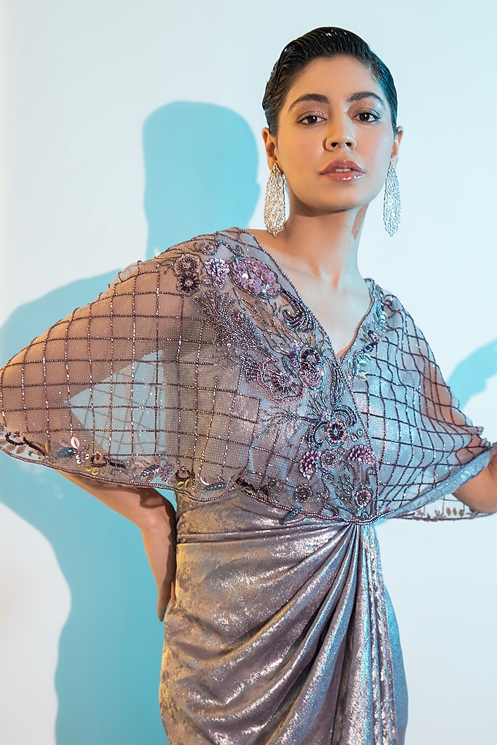 Metallic Purple Foil Milano Sequins Handwork Cape Party Wear Gown by Label Kaleido at Pernia's Pop Up Shop