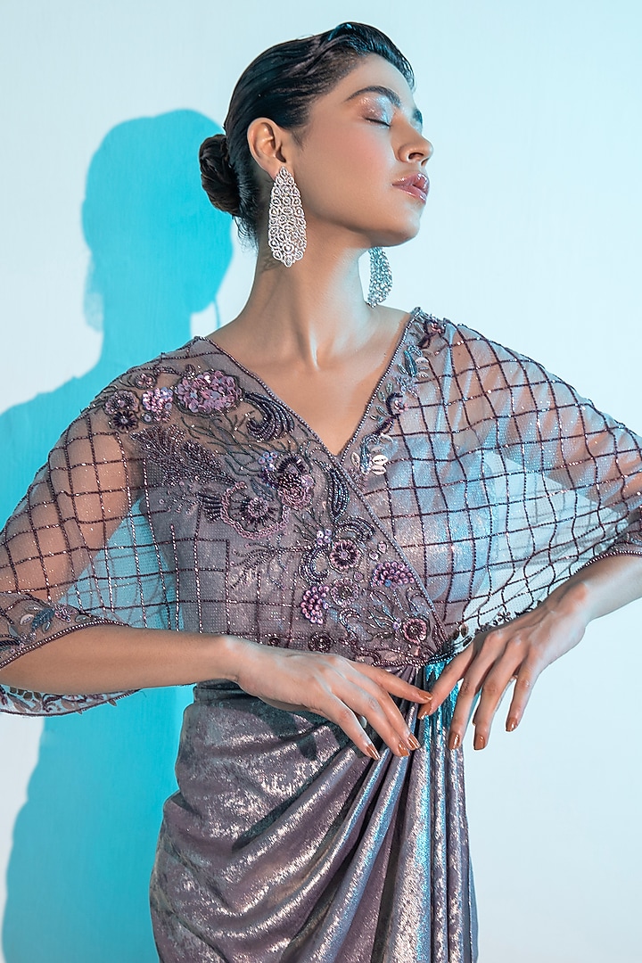 Metallic Purple Foil Milano Sequins Handwork Cape Party Wear Gown by Label Kaleido at Pernia's Pop Up Shop
