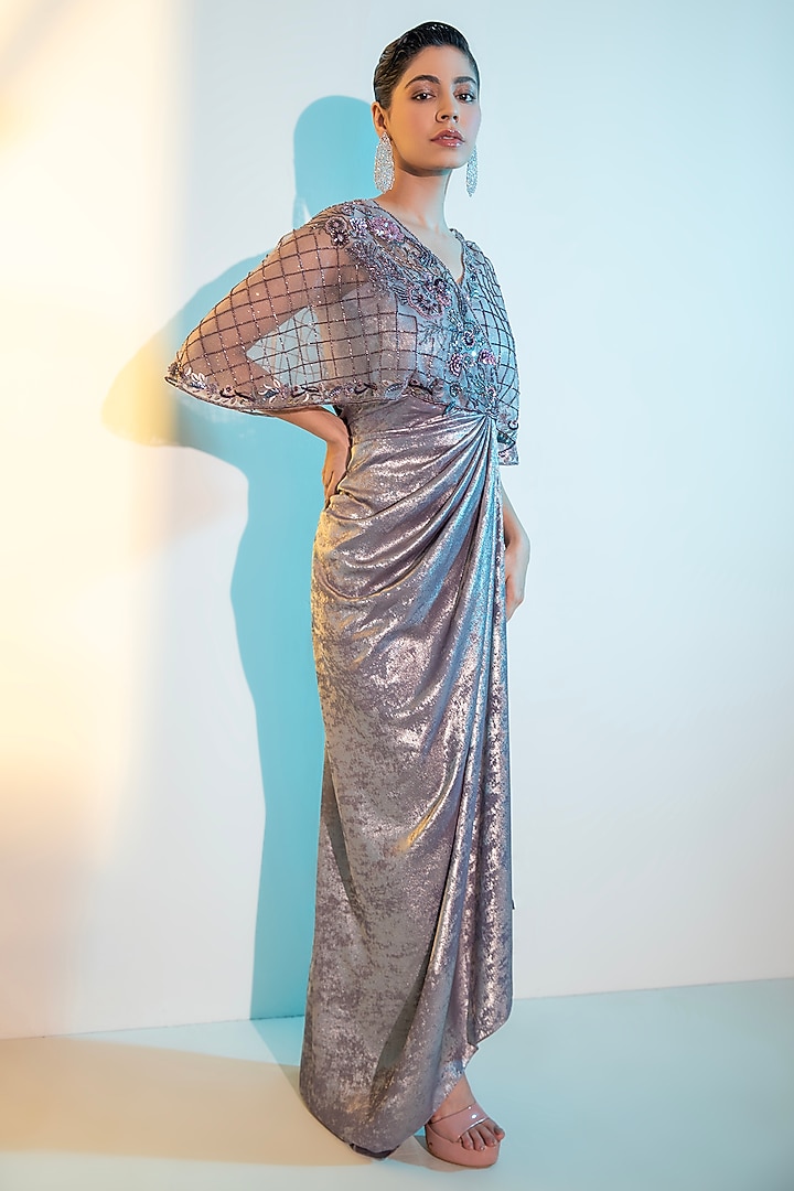 Metallic Purple Foil Milano Sequins Handwork Cape Party Wear Gown by Label Kaleido at Pernia's Pop Up Shop