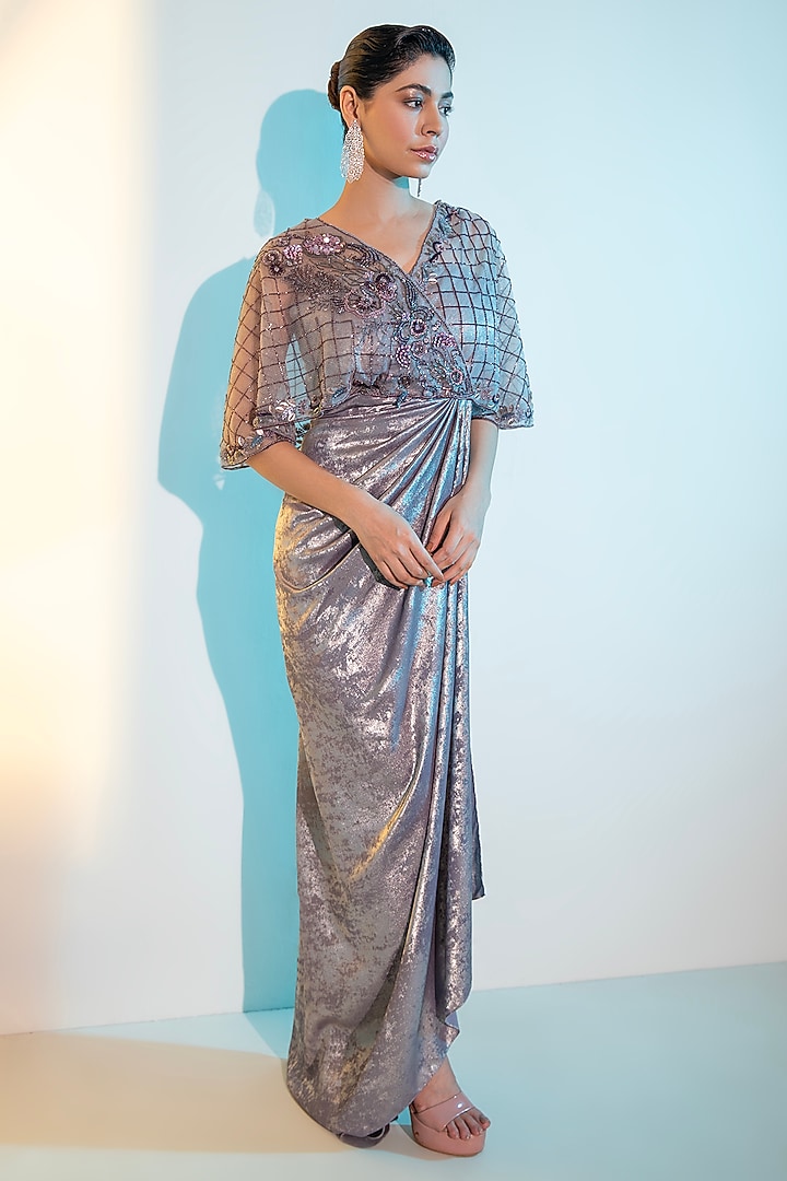 Metallic Purple Foil Milano Sequins Handwork Cape Party Wear Gown by Label Kaleido at Pernia's Pop Up Shop