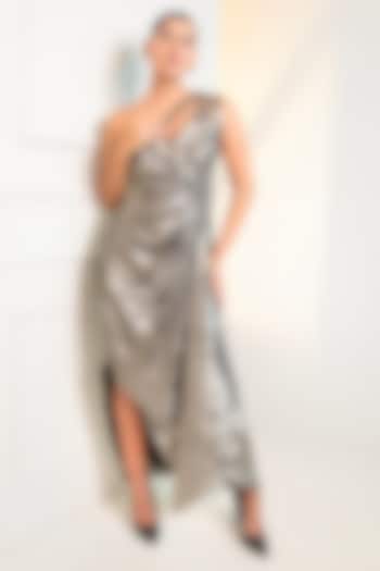 Dark Metallic Grey Foil Milano Sequins Handwork One-Shoulder Party Wear Gown by Label Kaleido at Pernia's Pop Up Shop