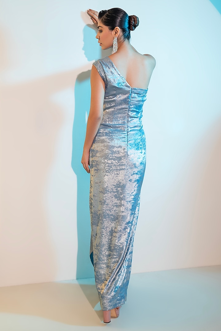 Powder Blue Foil Milano Sequins Handwork One-Shoulder Party Wear Gown by Label Kaleido at Pernia's Pop Up Shop