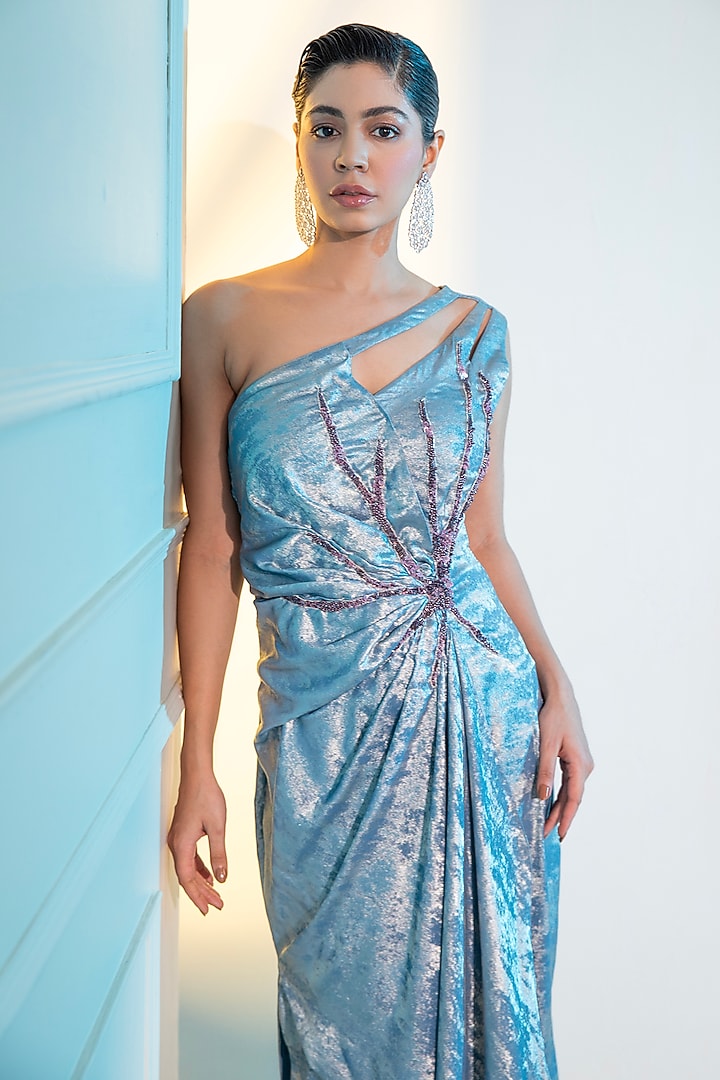 Powder Blue Foil Milano Sequins Handwork One-Shoulder Party Wear Gown by Label Kaleido at Pernia's Pop Up Shop