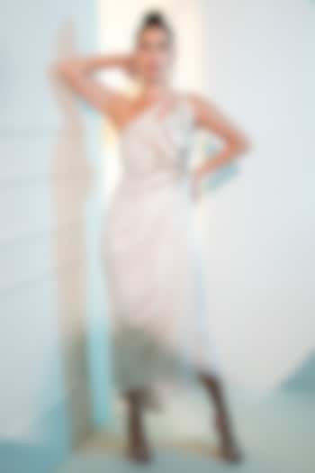 Silver Ivory Foil Milano Sequins Work One-Shoulder Midi Party Wear Gown by Label Kaleido at Pernia's Pop Up Shop