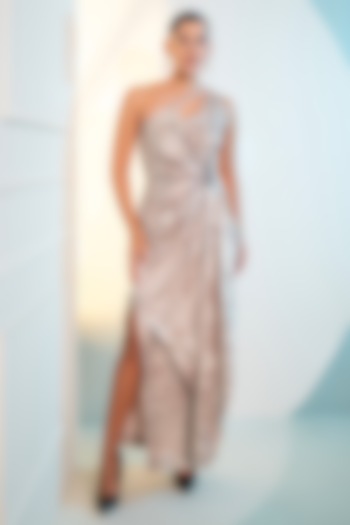 Rose Gold Foil Milano Sequins Work One-Shoulder Midi Party Wear Gown by Label Kaleido at Pernia's Pop Up Shop