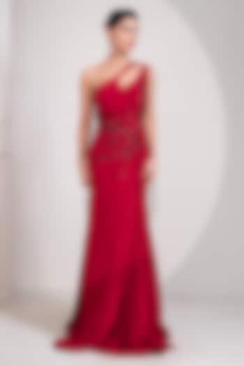 Ruby Red Viscose Crepe Sequins Handwork One-Shoulder Party Wear Gown by Label Kaleido at Pernia's Pop Up Shop