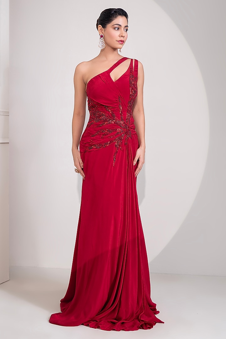 Ruby Red Viscose Crepe Sequins Handwork One-Shoulder Party Wear Gown by Label Kaleido at Pernia's Pop Up Shop