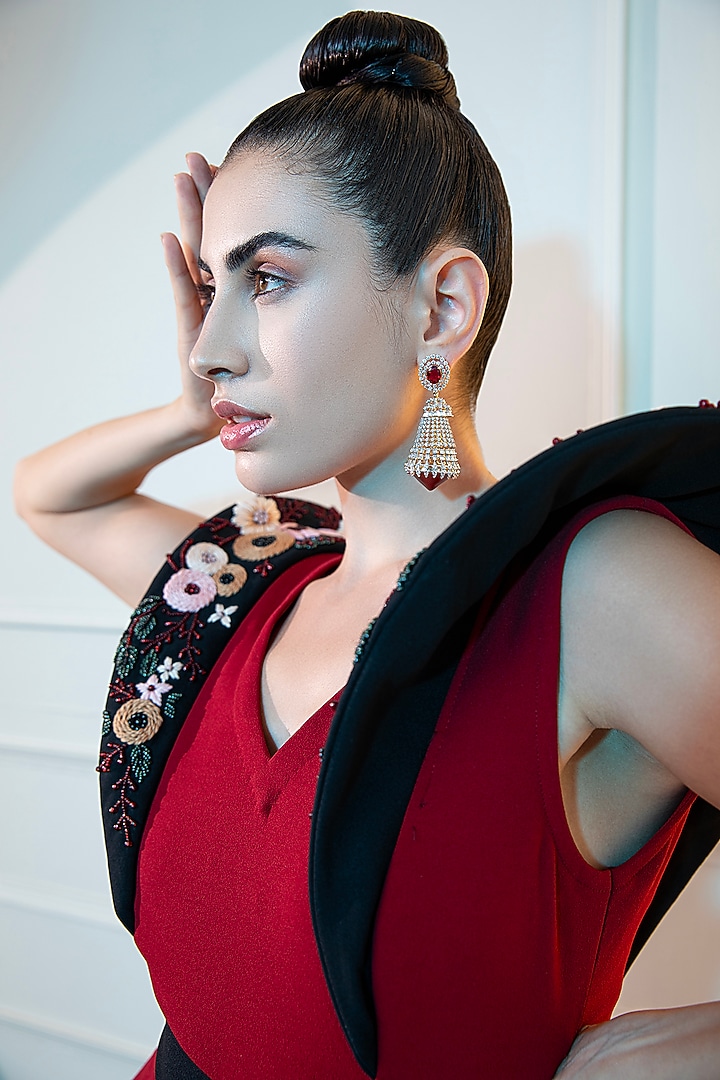 Deep Red & Black Crepe Sequins Work Fish-Cut Party Wear Gown by Label Kaleido at Pernia's Pop Up Shop