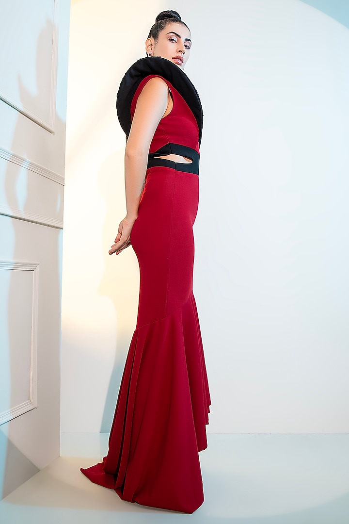 Deep Red & Black Crepe Sequins Work Fish-Cut Party Wear Gown by Label Kaleido at Pernia's Pop Up Shop