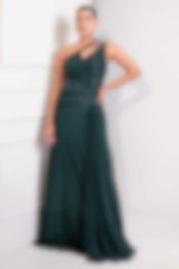 Bottle Green Viscose Crepe Sequins Work One-Shoulder Draped Engagement Gown by Label Kaleido at Pernia's Pop Up Shop