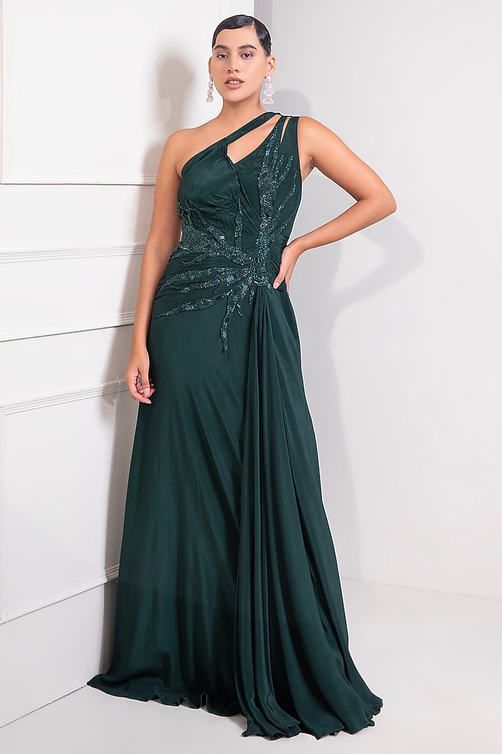 Bottle Green Viscose Crepe Sequins Work One-Shoulder Draped Engagement Gown by Label Kaleido at Pernia's Pop Up Shop