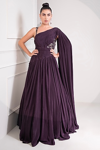 Midnight Plum Viscose Crepe Cutdana Work One-Shoulder Gown by Label Kaleido