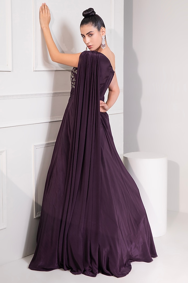 Midnight Plum Viscose Crepe Cutdana Work One-Shoulder Party Wear Gown by Label Kaleido at Pernia's Pop Up Shop