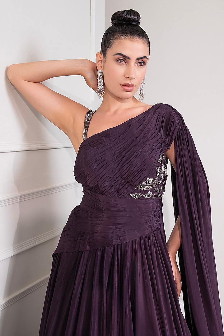 Midnight Plum Viscose Crepe Cutdana Work One-Shoulder Party Wear Gown by Label Kaleido at Pernia's Pop Up Shop