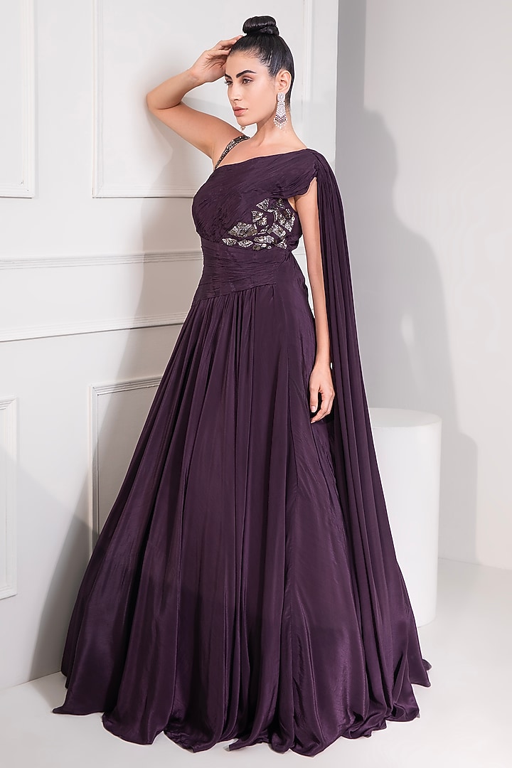 Midnight Plum Viscose Crepe Cutdana Work One-Shoulder Party Wear Gown by Label Kaleido at Pernia's Pop Up Shop