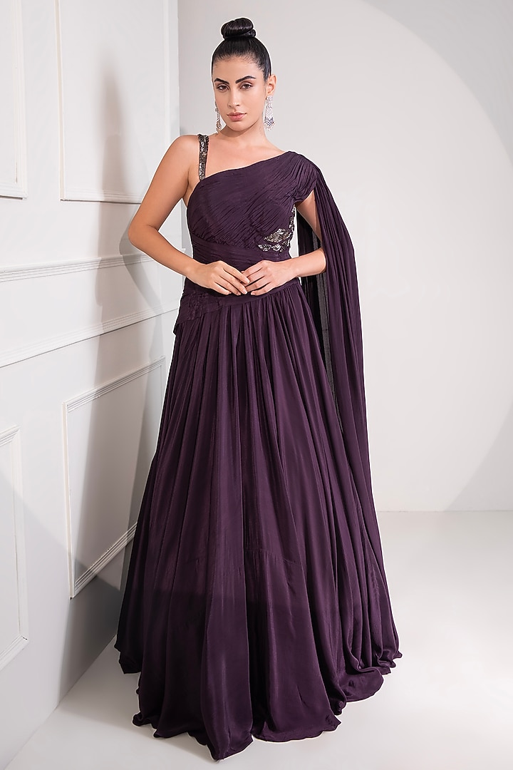 Midnight Plum Viscose Crepe Cutdana Work One-Shoulder Party Wear Gown by Label Kaleido at Pernia's Pop Up Shop