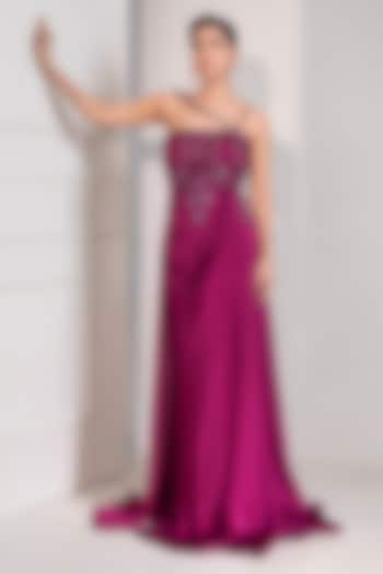Magenta Pure Satin Zari Embellished Engagement Gown by Label Kaleido at Pernia's Pop Up Shop