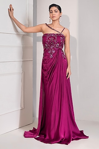 Magenta Pure Satin Zari Embellished Gown by Label Kaleido