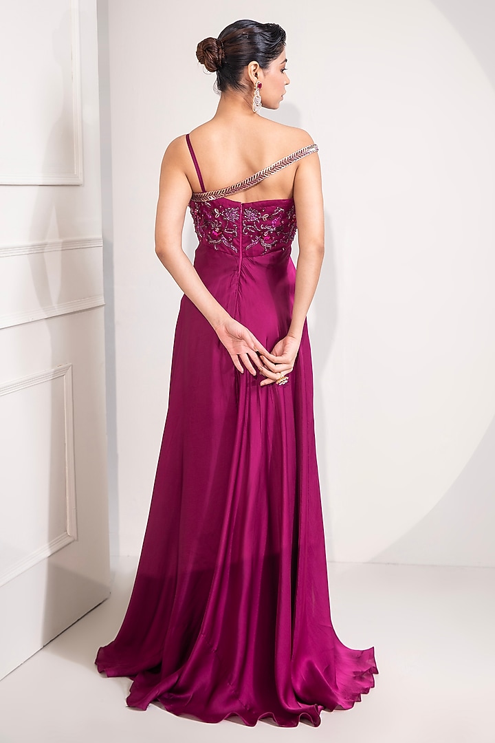 Magenta Pure Satin Zari Embellished Engagement Gown by Label Kaleido at Pernia's Pop Up Shop